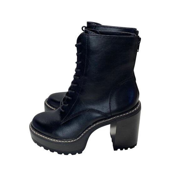 Madden Girl Size 8.5 Black Leather Heeled Combat Boots With Lug Sole Side Zipper - Picture 6 of 11